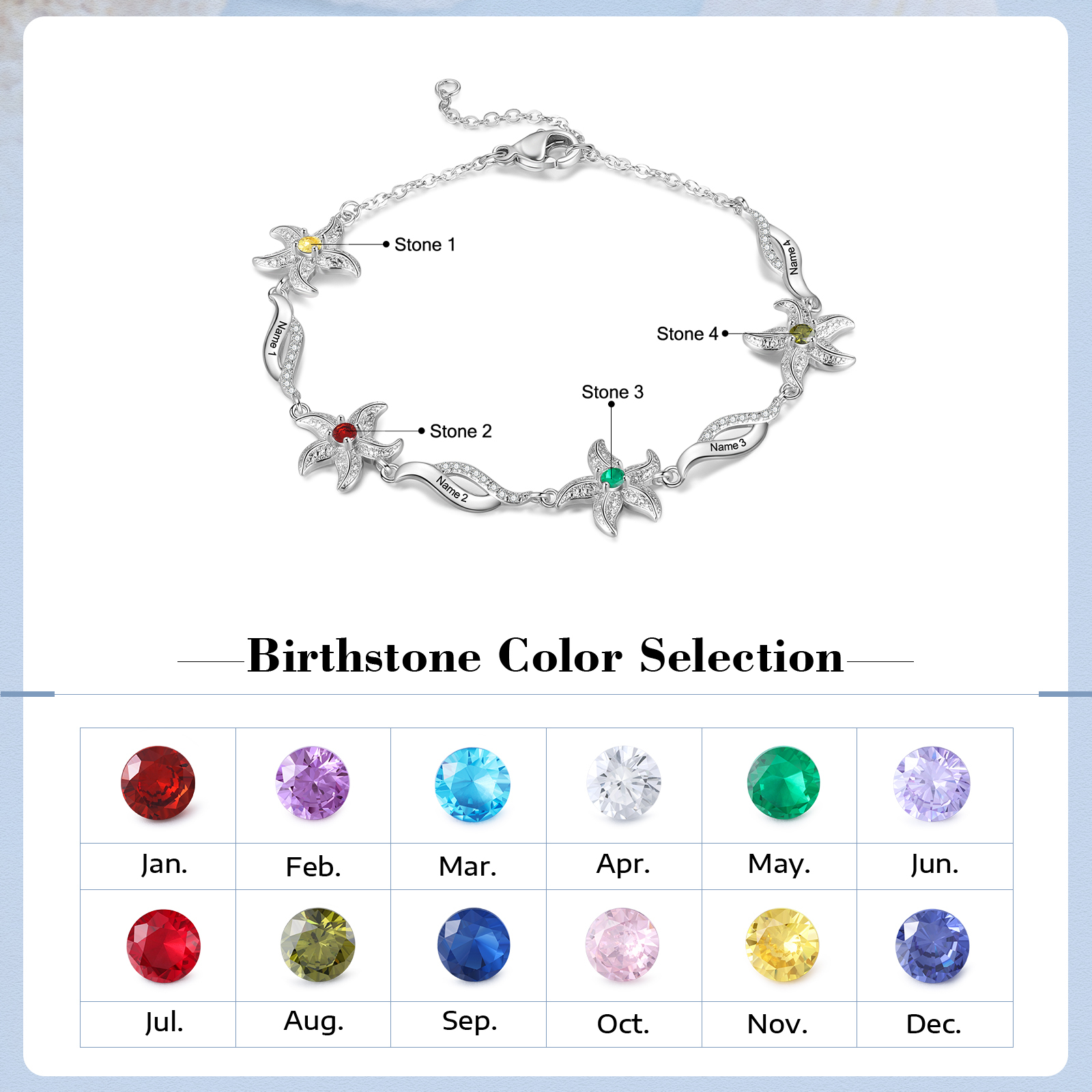 Pulsera con dije de estrella de mar para mujer personalizada con 4 nombres y 4 piedras de nacimiento-Jessemade ES
