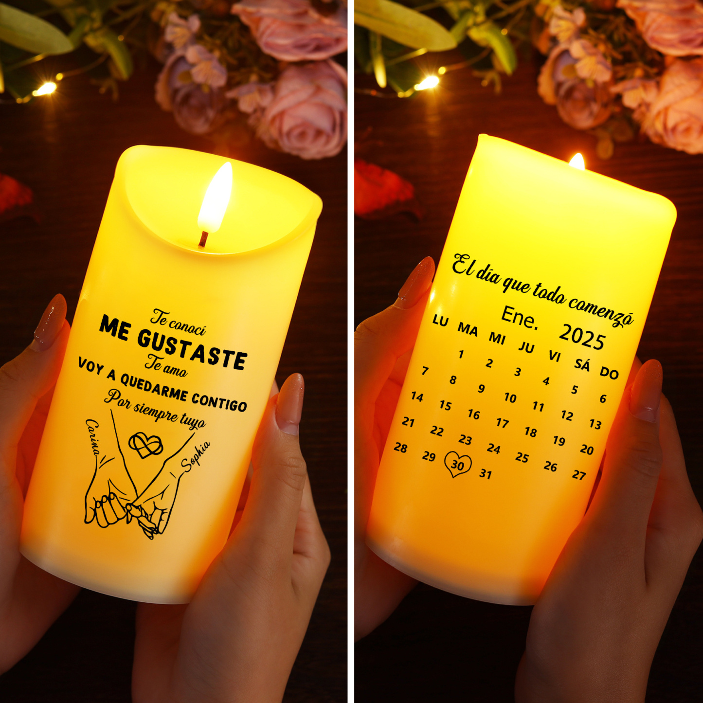 Vela LED personalizada para pareja con 2 nombres