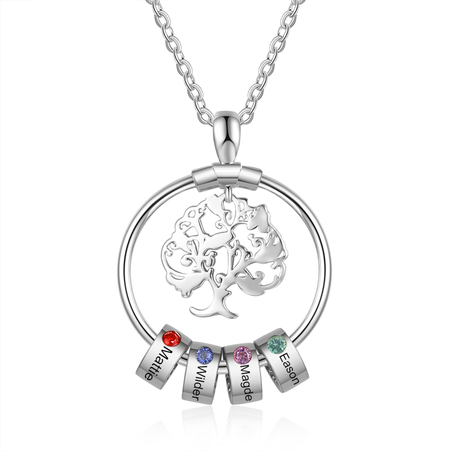 Collar con 1-5 círculos 1-5 piedras de nacimiento y nombres colgante de árbol de la vida plateado-Jessemade ES