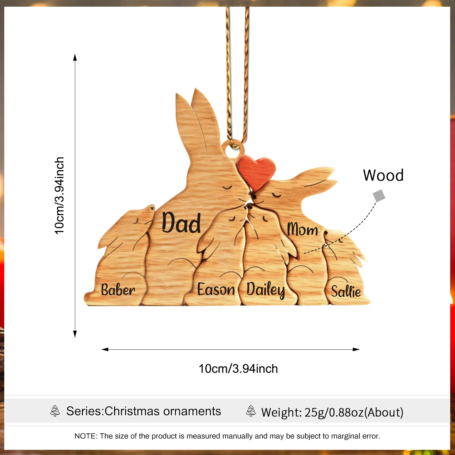 Navidad-Ornamento muñecos navideño de madera familia de conejos 6 nombres personalizados adorno del árbol-Jessemade ES