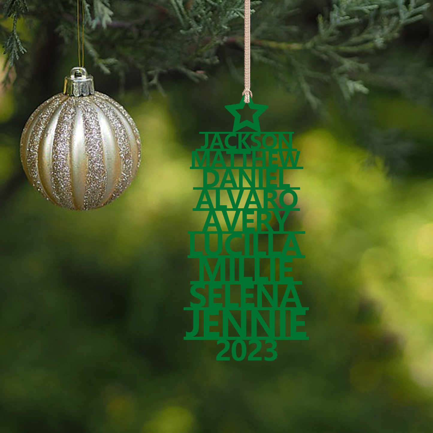 Navidad-Ornamento navideño de madera árbol de nombres con 9 nombres y año personalizados