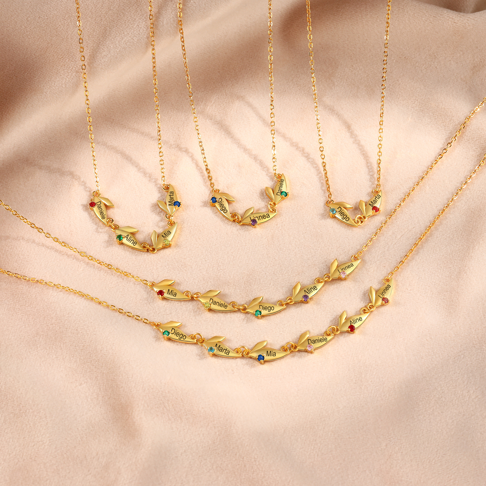 Collar con colgante de hojas con 2-6 nombres personalizados y 2-6 piedras de nacimiento-Jessemade ES