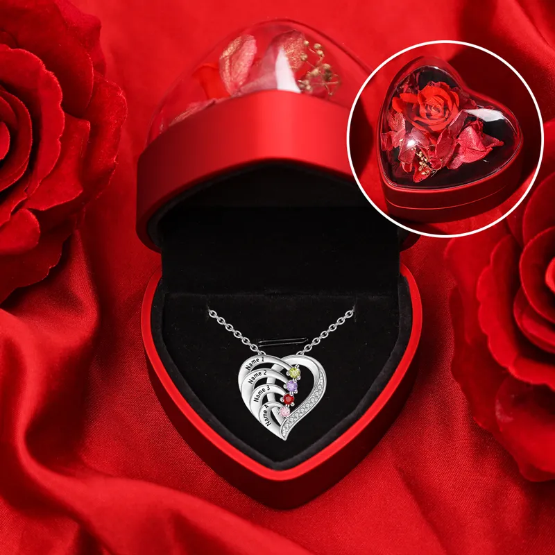 Collar para mujer de corazón de plata 925 con 4 nombres y 4 piedras de nacimiento personalizados