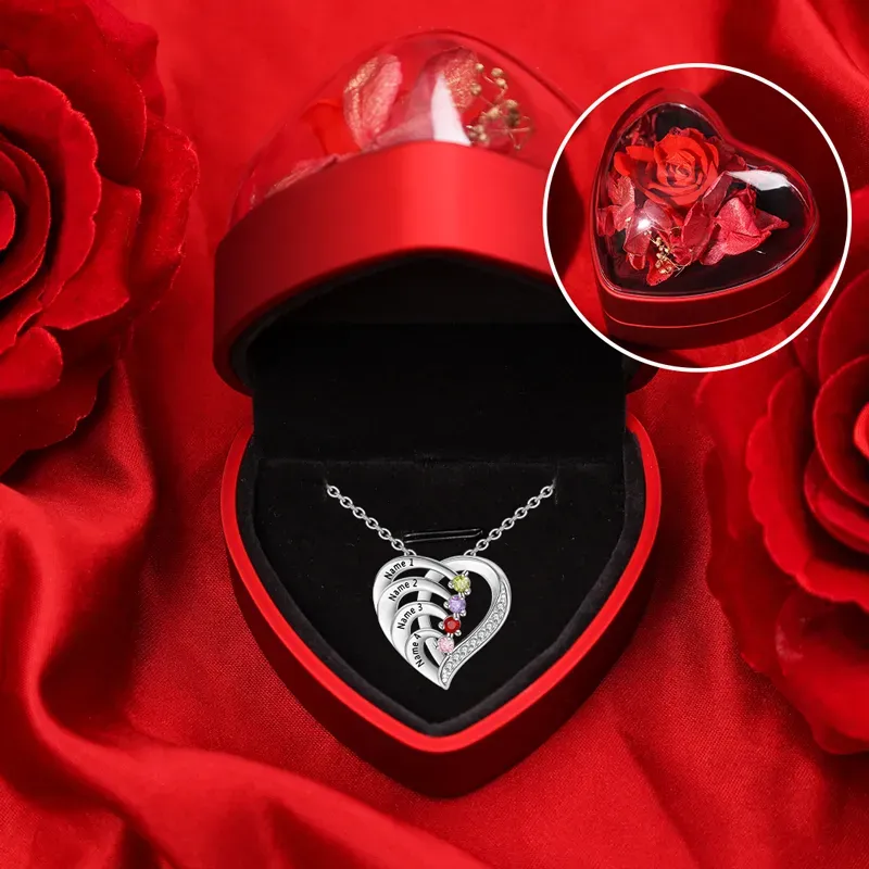 Collar para mujer de corazón de plata 925 con 4 nombres y 4 piedras de nacimiento personalizados