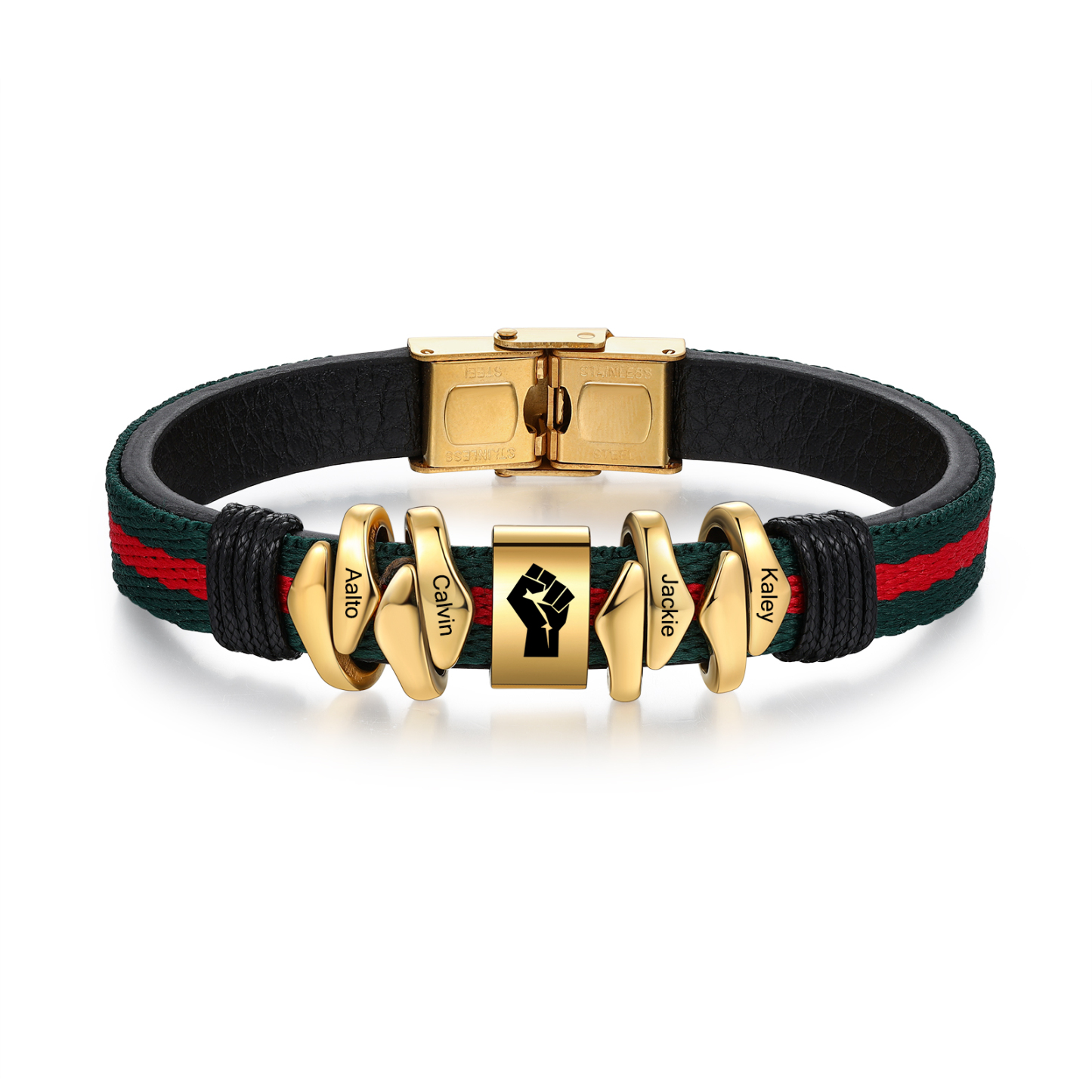 Pulsera 4 Nombres Personalizados de Cuero y Cuerda con Aros-Jessemade ES