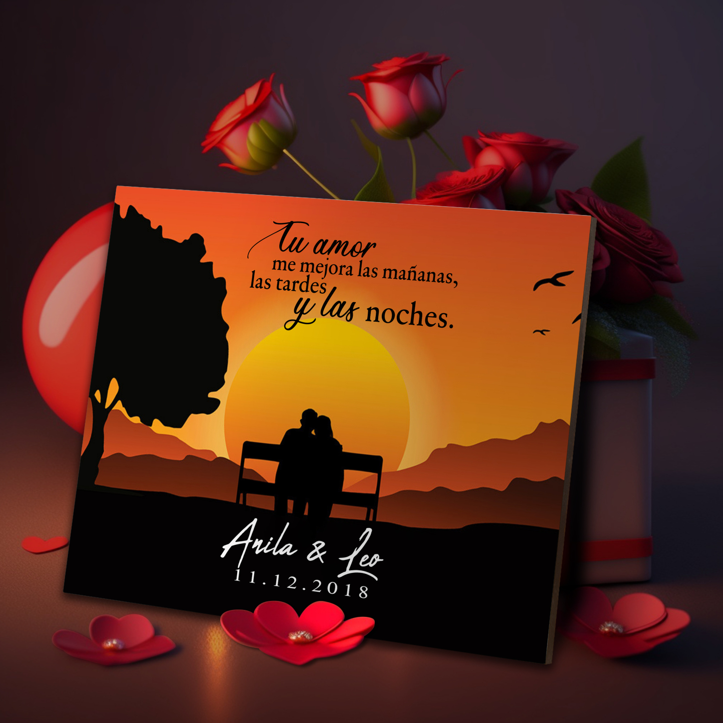 Lámina ocaso marco de madera para pareja personalizado con 2 nombres y fecha-Jessemade ES