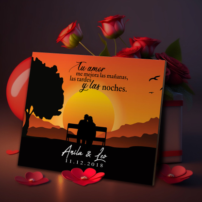 Lámina ocaso marco de madera para pareja personalizado con 2 nombres y fecha-Jessemade ES