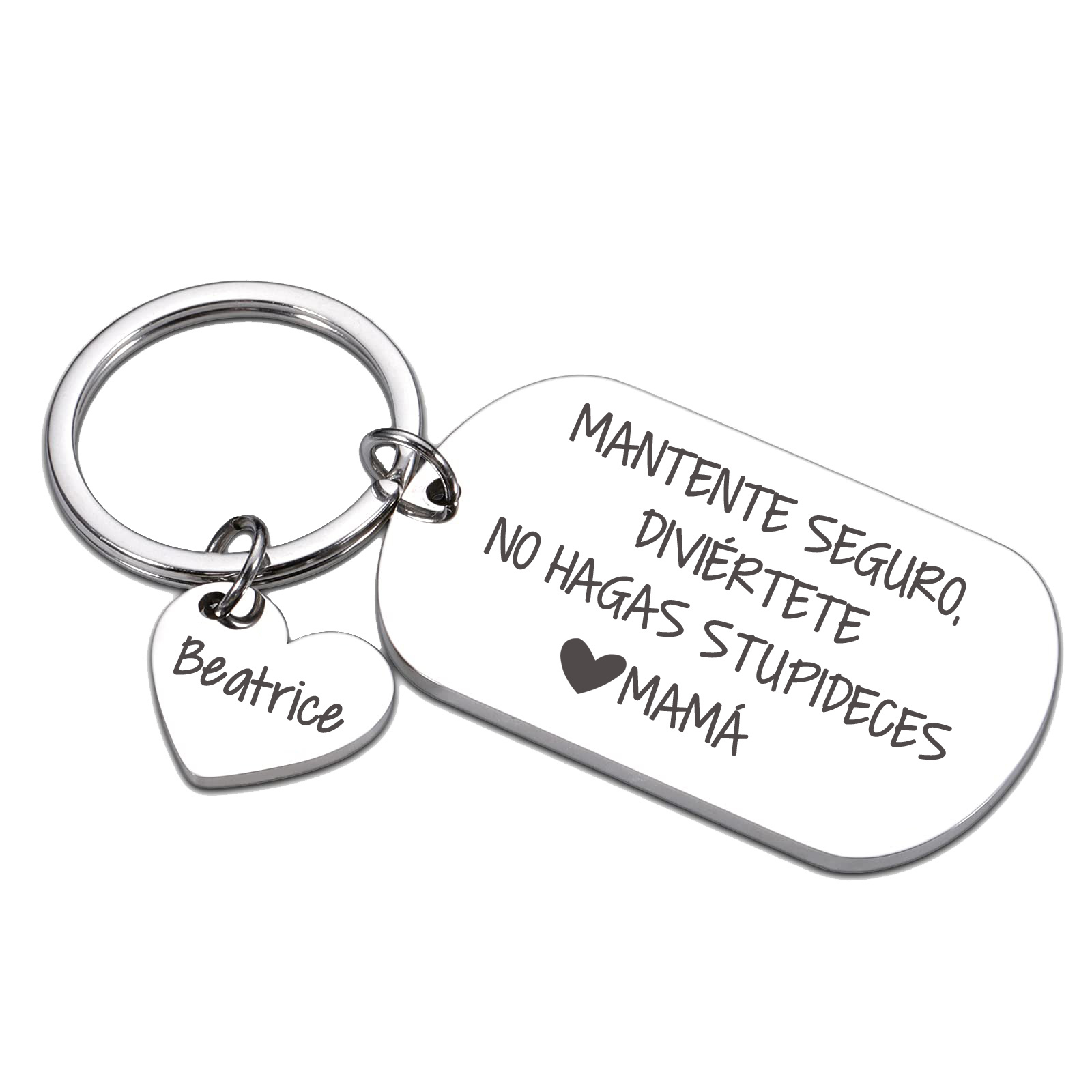 Llavero de placa "MANTENTE SEGURO, DIVIÉRTETE, NO HAGAS STUPIDECES" a hijo de padres 1 nombre personalizado-Jessemade ES