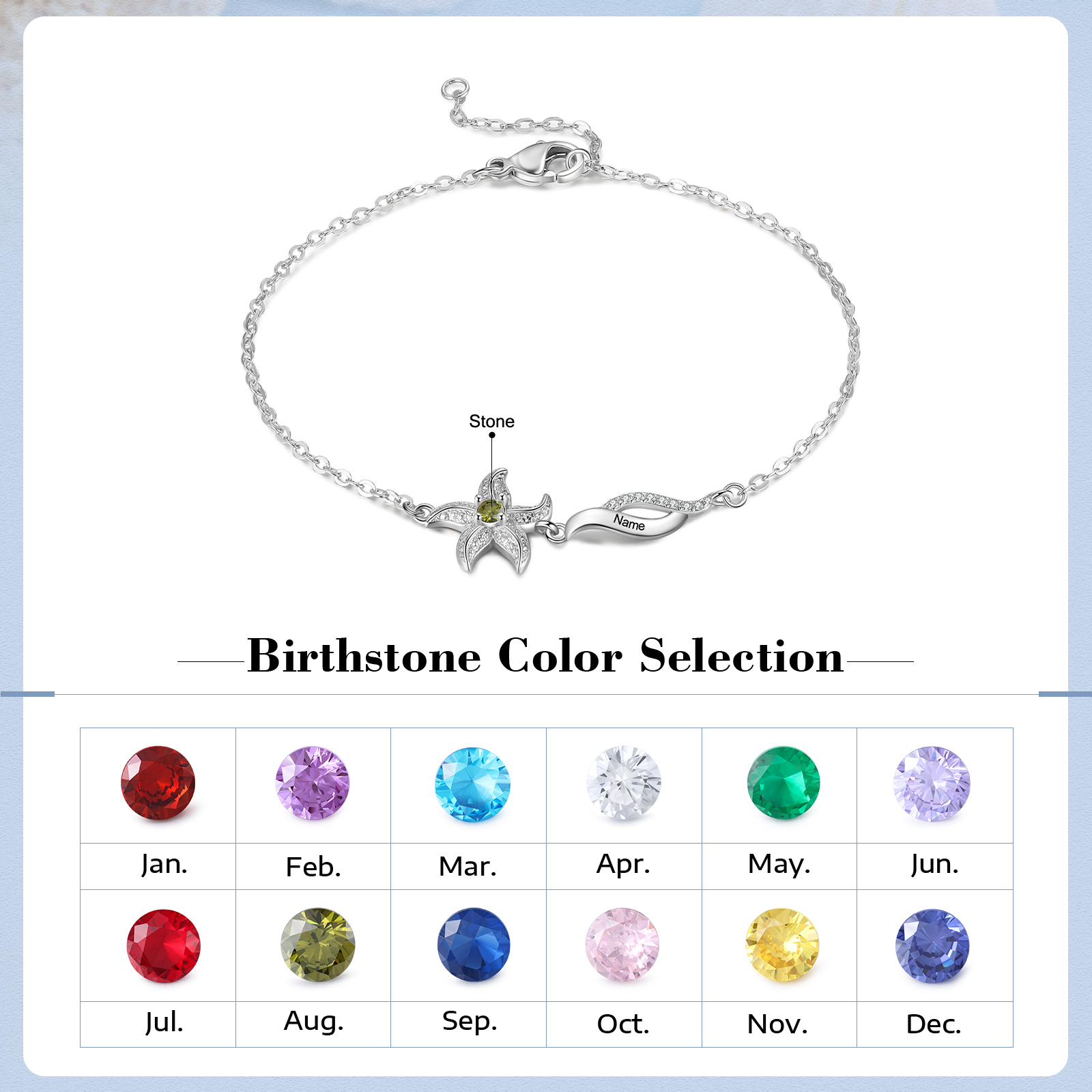 Pulsera con dije de estrella de mar para mujer personalizada con 1 nombre y 1 piedra de nacimiento-Jessemade ES