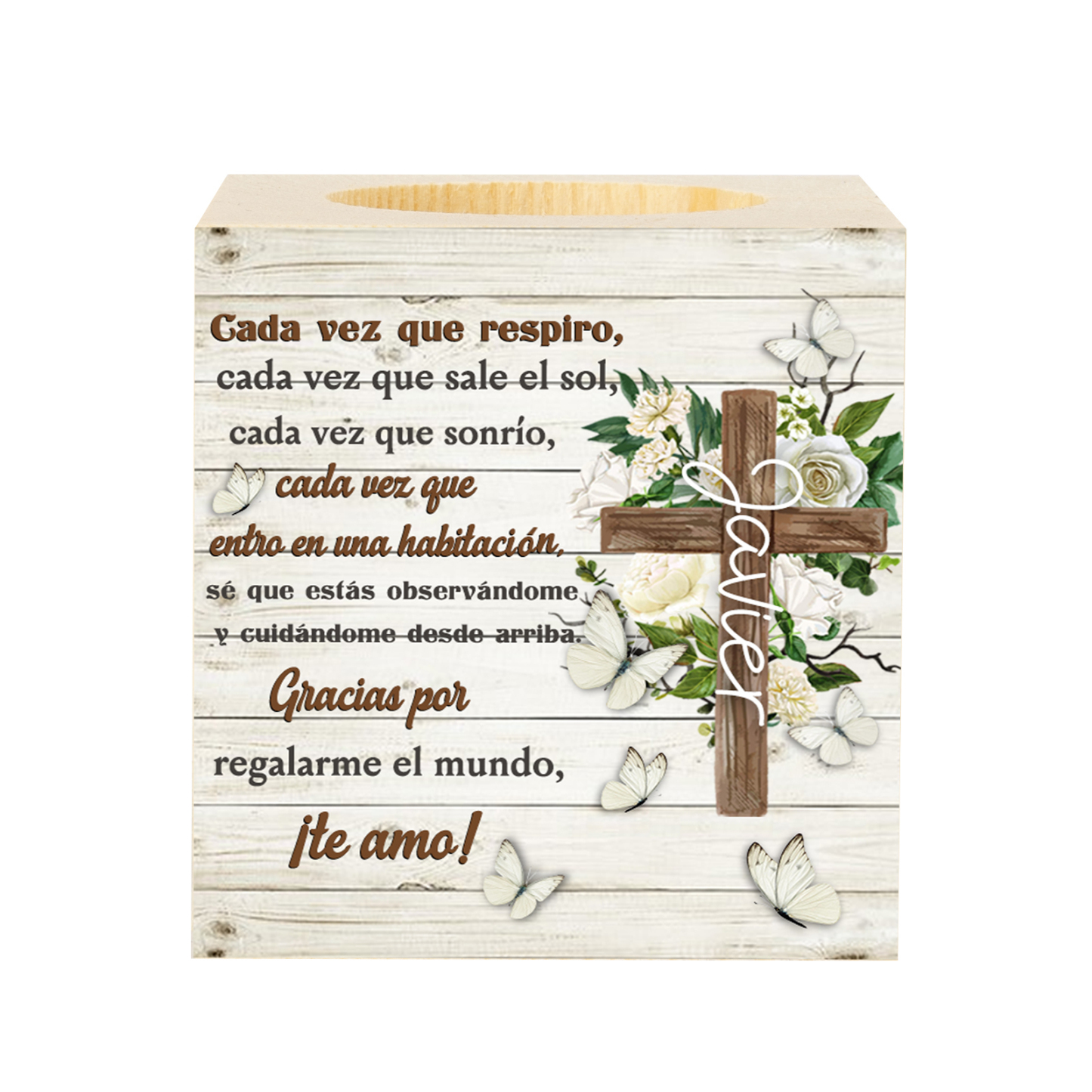 Navidad en el paraíso-Candelero en memoria de ser querido personalizado con nombre de madera sin vela-Jessemade ES