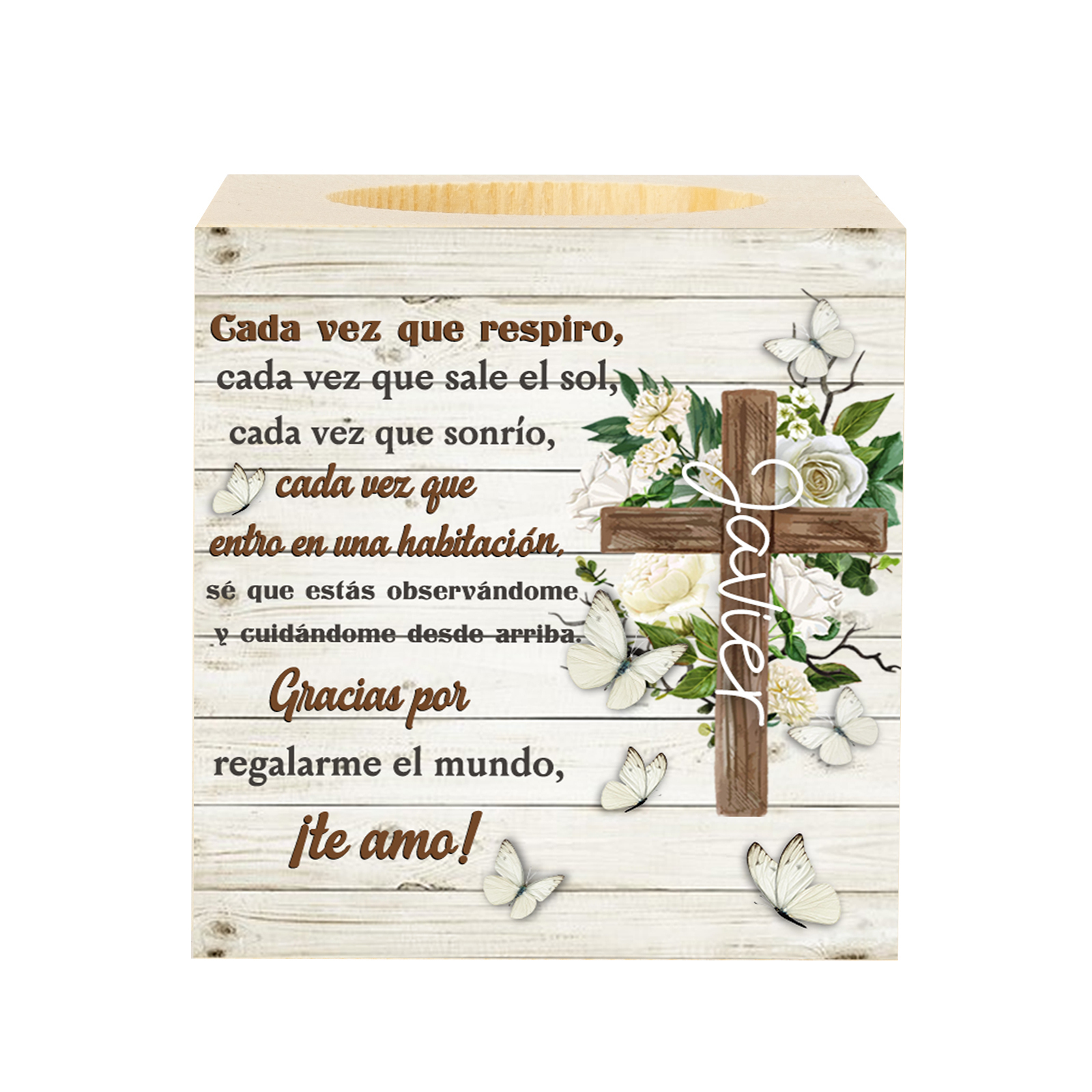 Navidad en el paraíso-Candelero en memoria de ser querido personalizado con nombre de madera sin vela-Jessemade ES