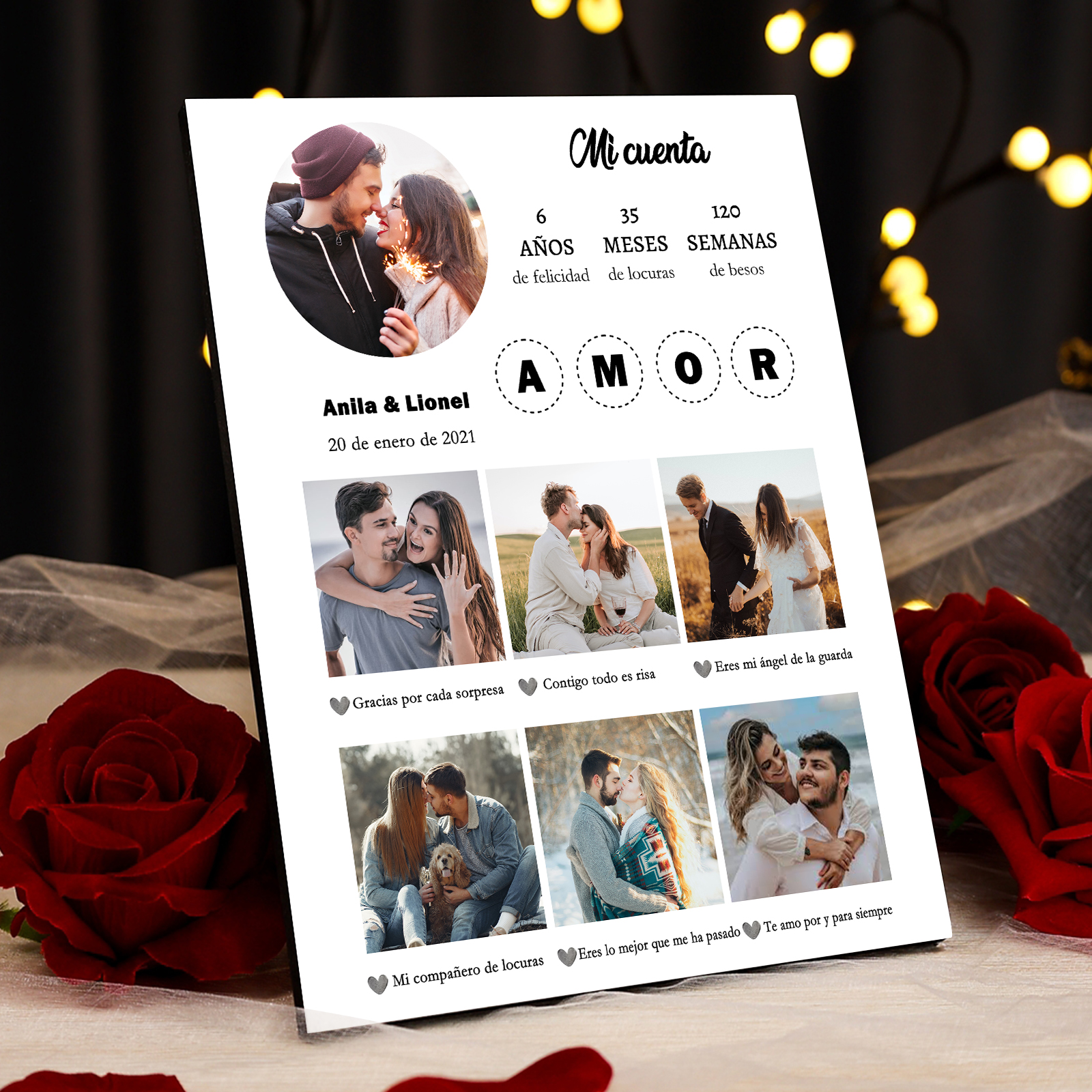 Lámina marco de madera para pareja personalizado con 2 textos, 3 números y 7 fotos-Jessemade ES