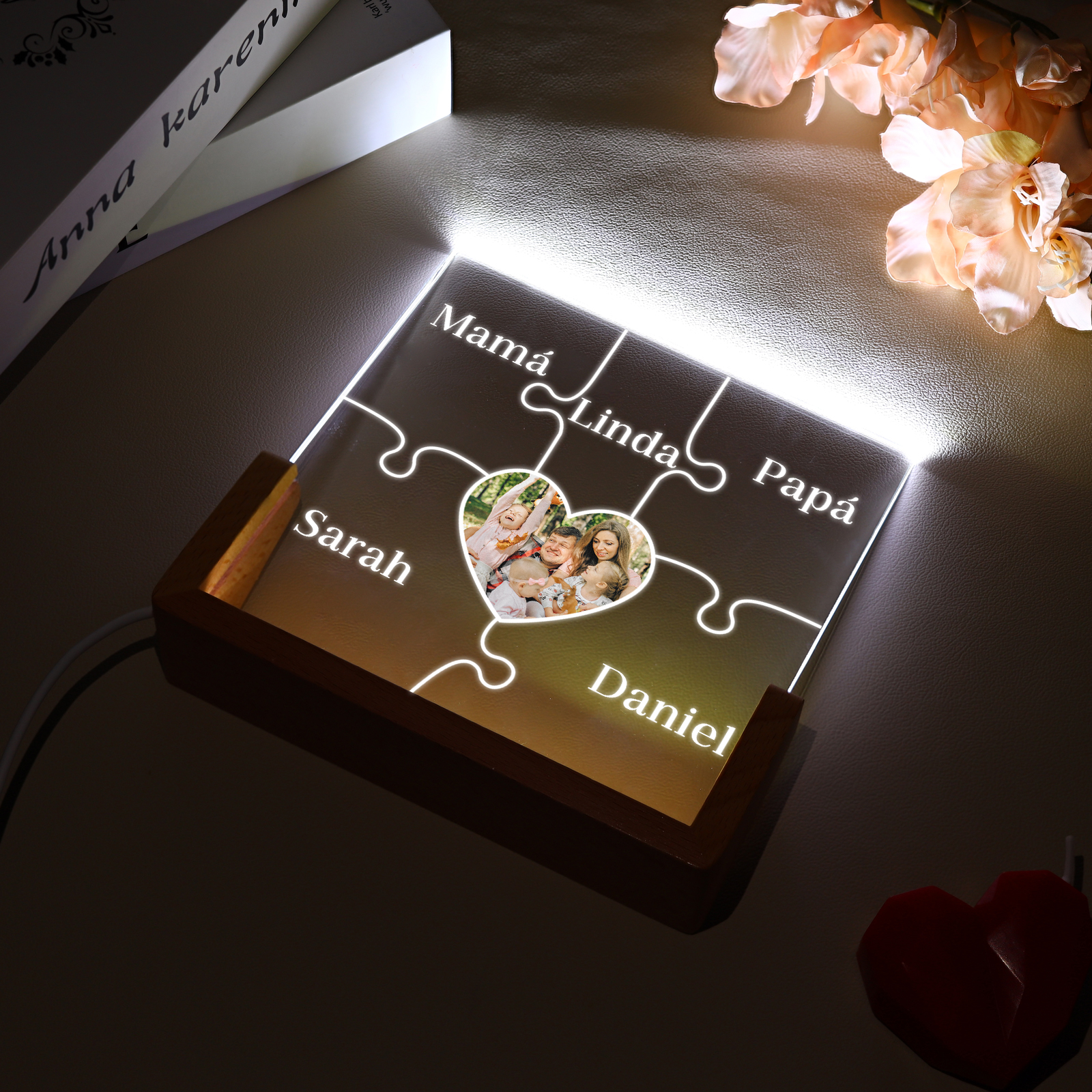 A mi mamá/abuela-Lámpara Personalizada con 2-7 Nombres y Foto "rompecabezas" 3D Ilusión Luz de Noche-Jessemade ES