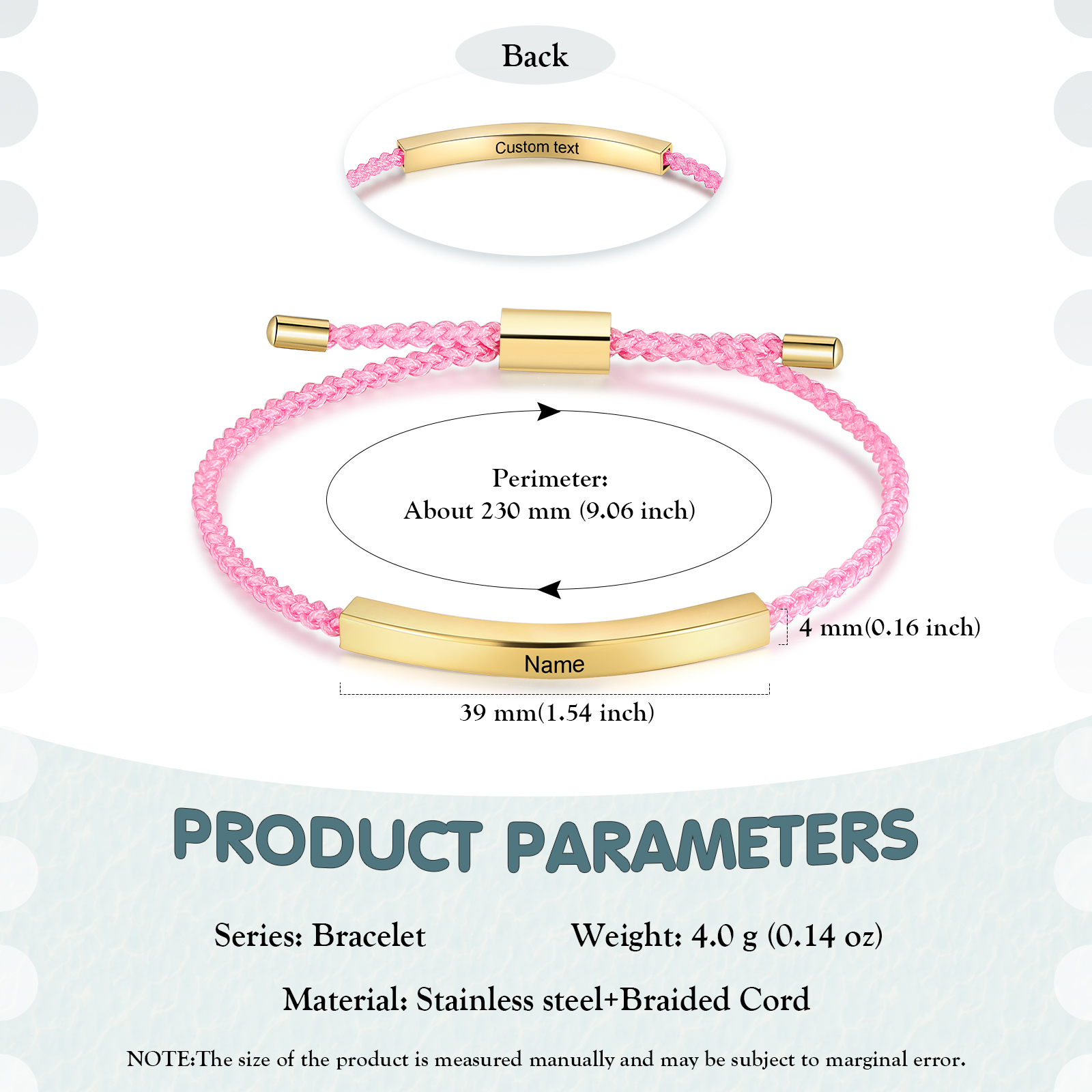 Pulsera de cuerda tejida a mano con nombre y texto personalizados seis colores