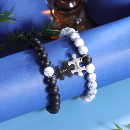 Pulseras de turquesas para pareja con dije de rompecabezas nombre personalizado