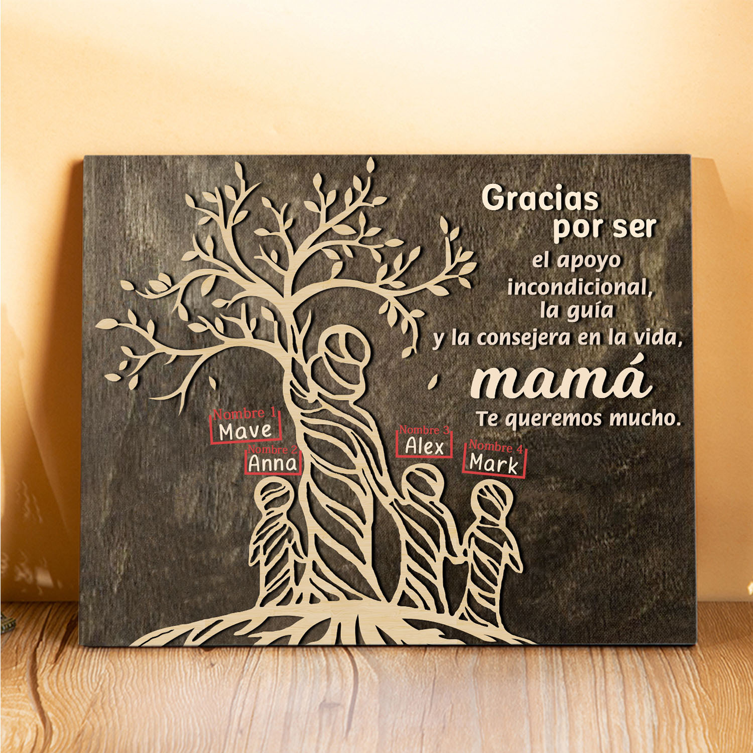 A mi mamá-Lámina mujer de árbol marco de madera personalizado con 4 nombres-Jessemade ES