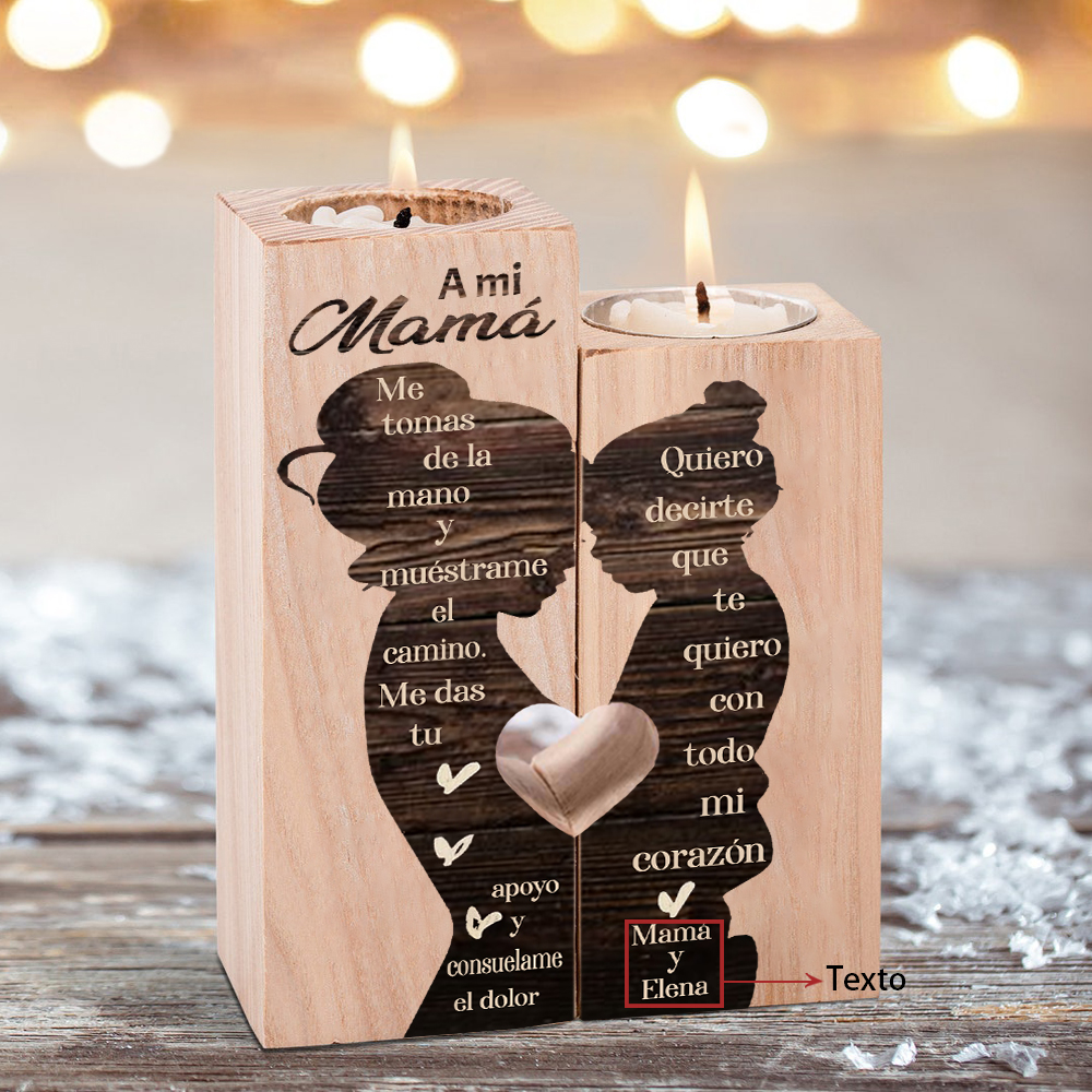 A mi mamá-Candelero de madera de dos piezas sin candela silueta de mamá y niñ@ 1 texto personalizado-Jessemade ES