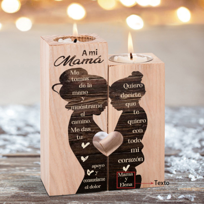 A mi mamá-Candelero de madera de dos piezas sin candela silueta de mamá y niñ@ 1 texto personalizado-Jessemade ES