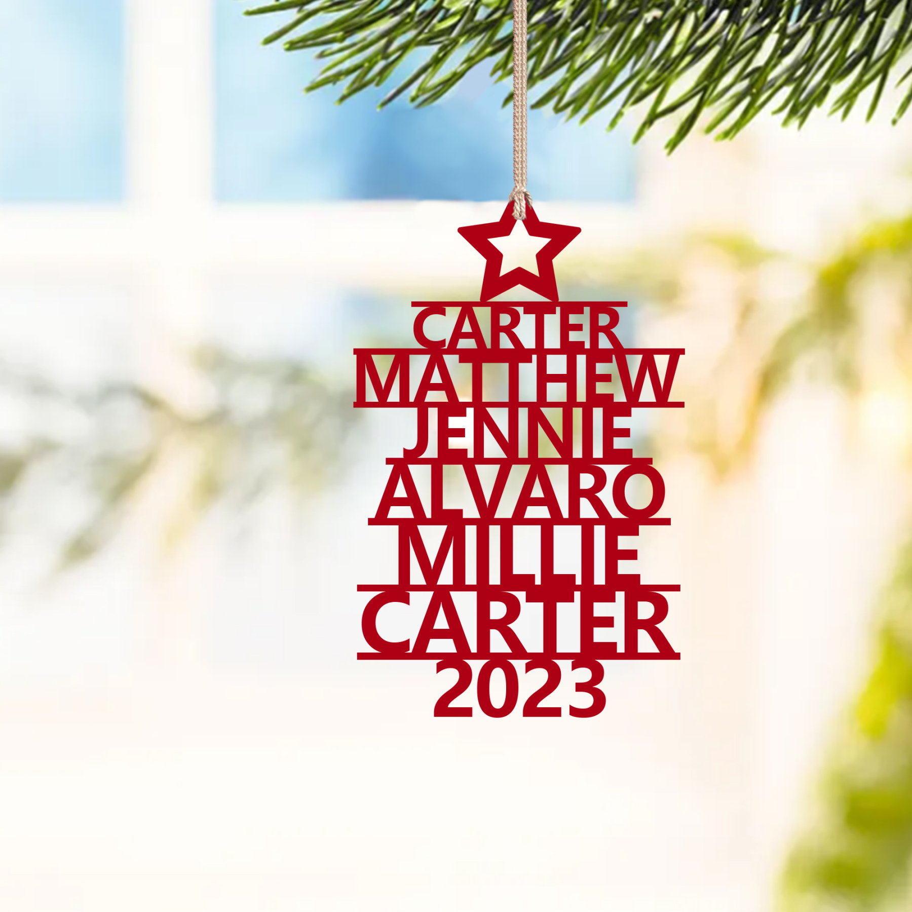 Navidad-Ornamento navideño de madera árbol de nombres con 6 nombres y año personalizados