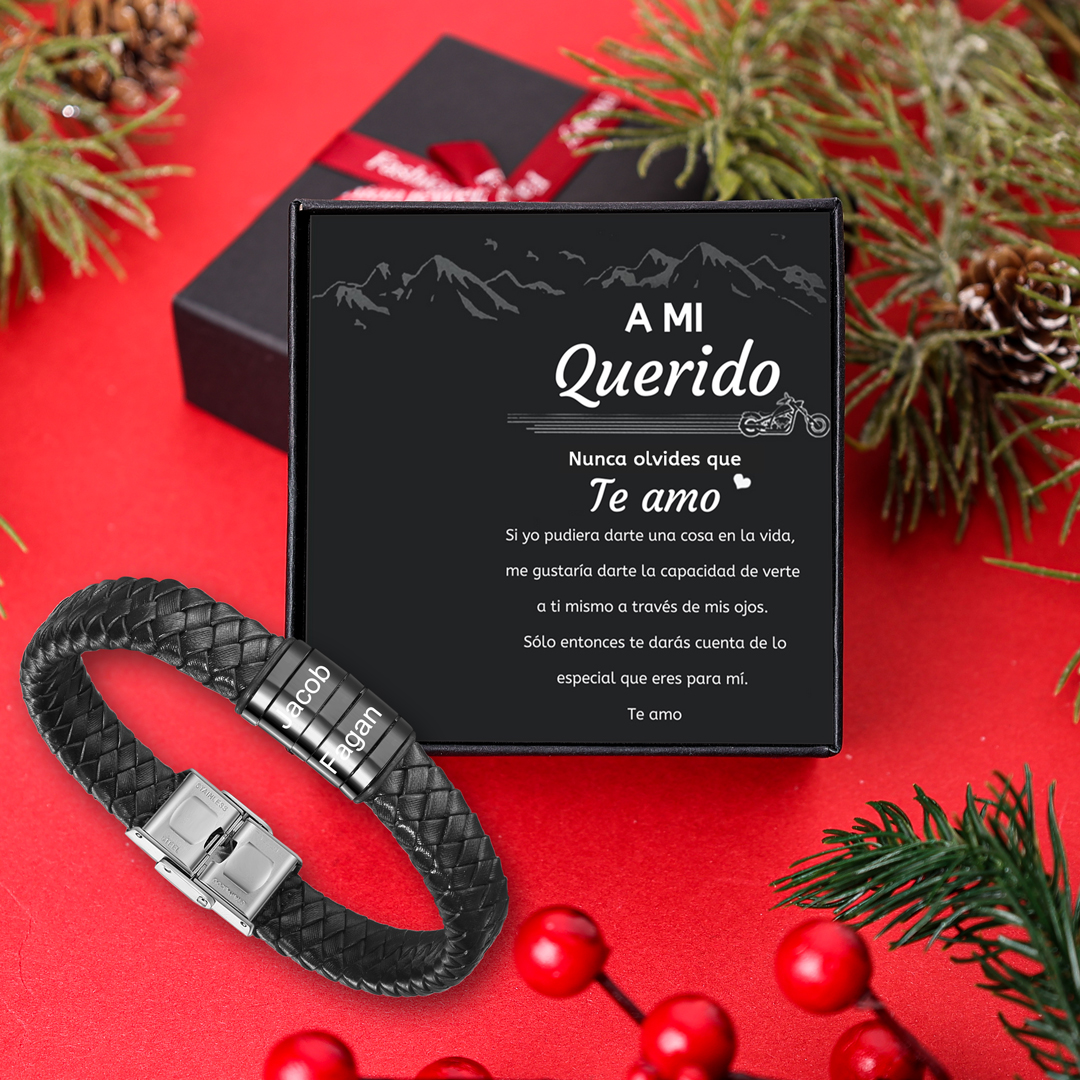 A mi querido-Pulsera de cuero trenzado de hombre con 2 perlas personalizadas con 2 nombres-Jessemade ES