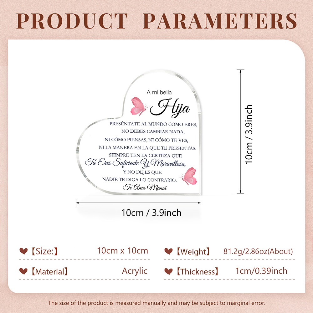 A mi hija-Placa de acrílico en forma de corazón con 1 texto personalizado-Jessemade ES