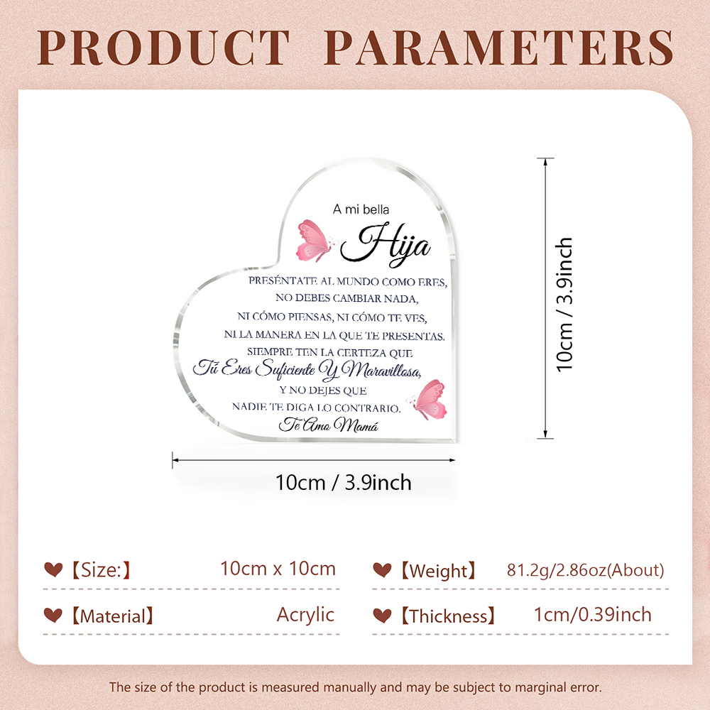 A mi hija-Placa de acrílico en forma de corazón con 1 texto personalizado-Jessemade ES