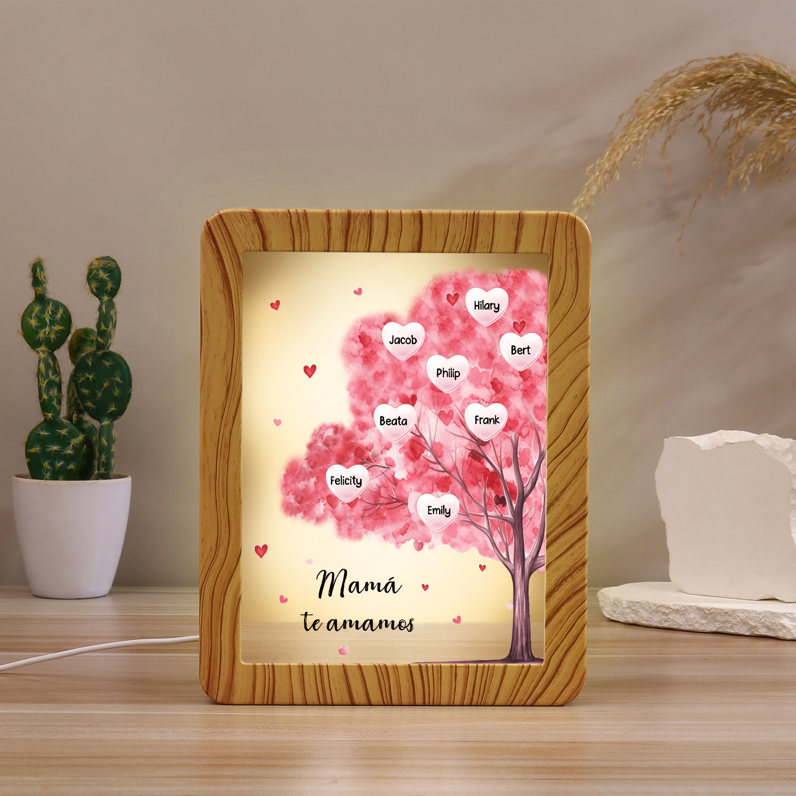 Marco/Espejo con LED Multifuncional Árbol de la Vida 1-10 Nombres Personalizados con 1 Texto-Jessemade ES