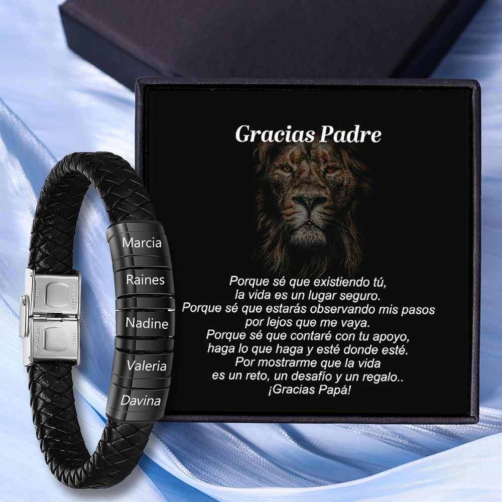 A MI PAPÁ-Pulsera de cuero trenzado de hombre con 5 perlas personalizadas con 5 nombres-Jessemade ES