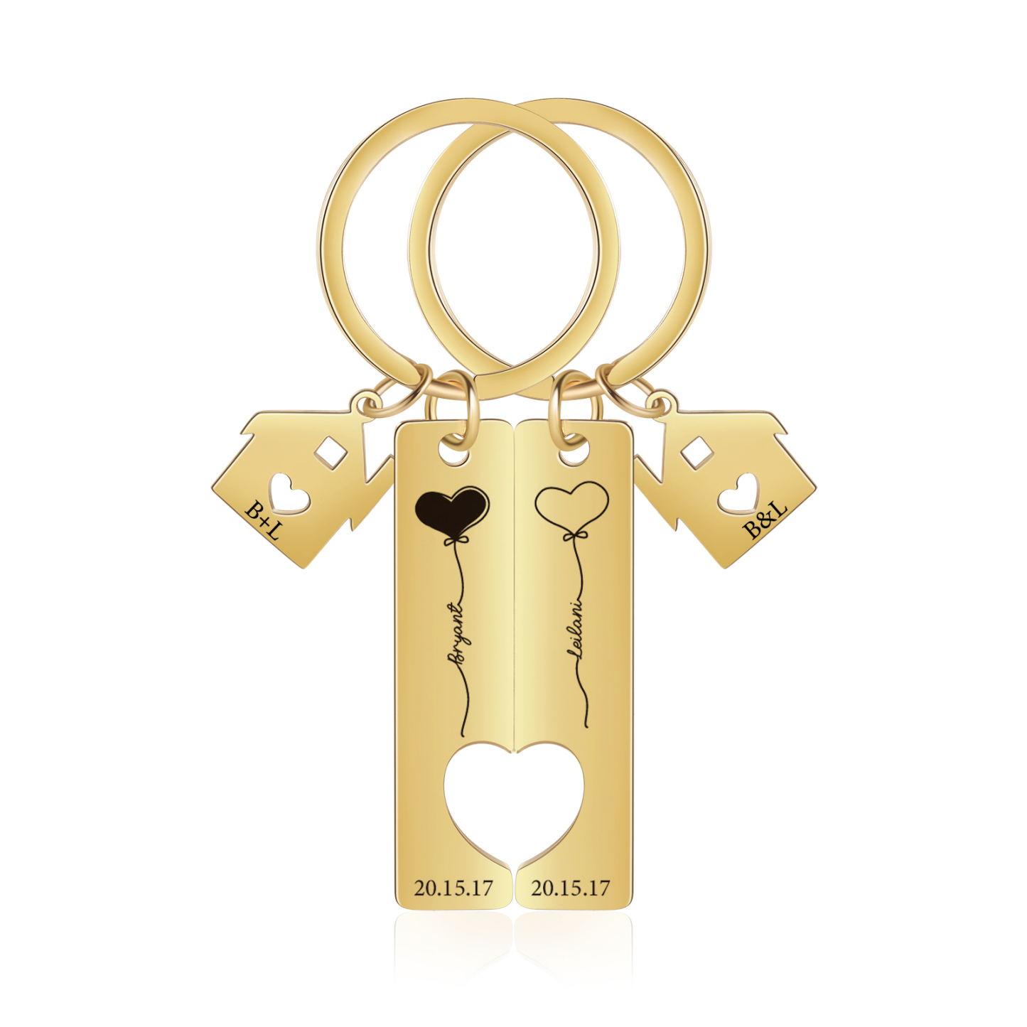 Llavero para pareja corazones 2 nombres, 2 letras personalizados con fecha dije de casa-Jessemade ES