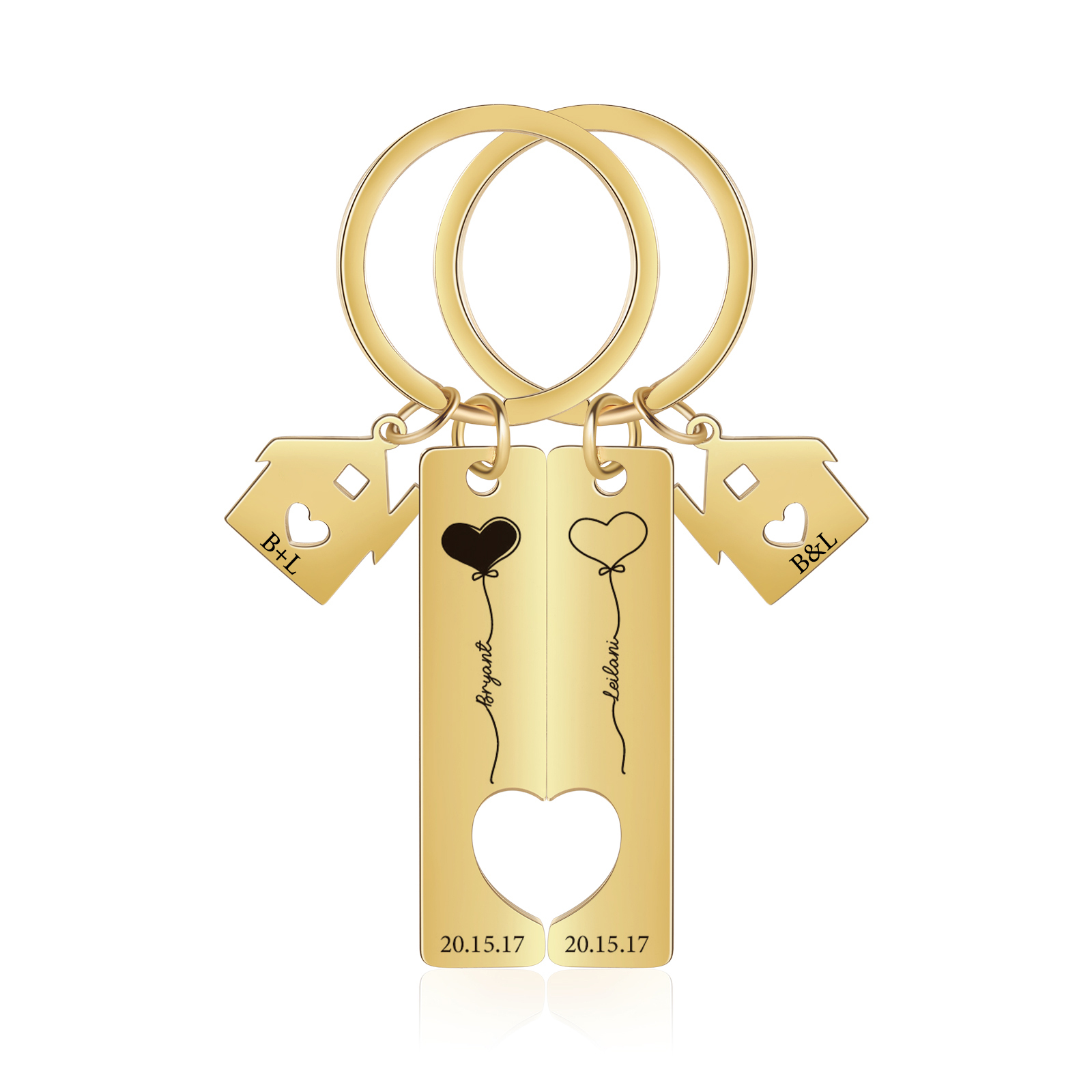 Llavero para pareja corazones 2 nombres, 2 letras personalizados con fecha dije de casa-Jessemade ES
