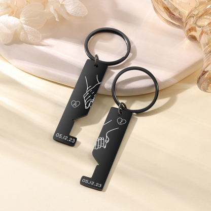 Llavero con casa encajada para pareja manos cogidas 2 letras personalizadas con fecha-Jessemade ES