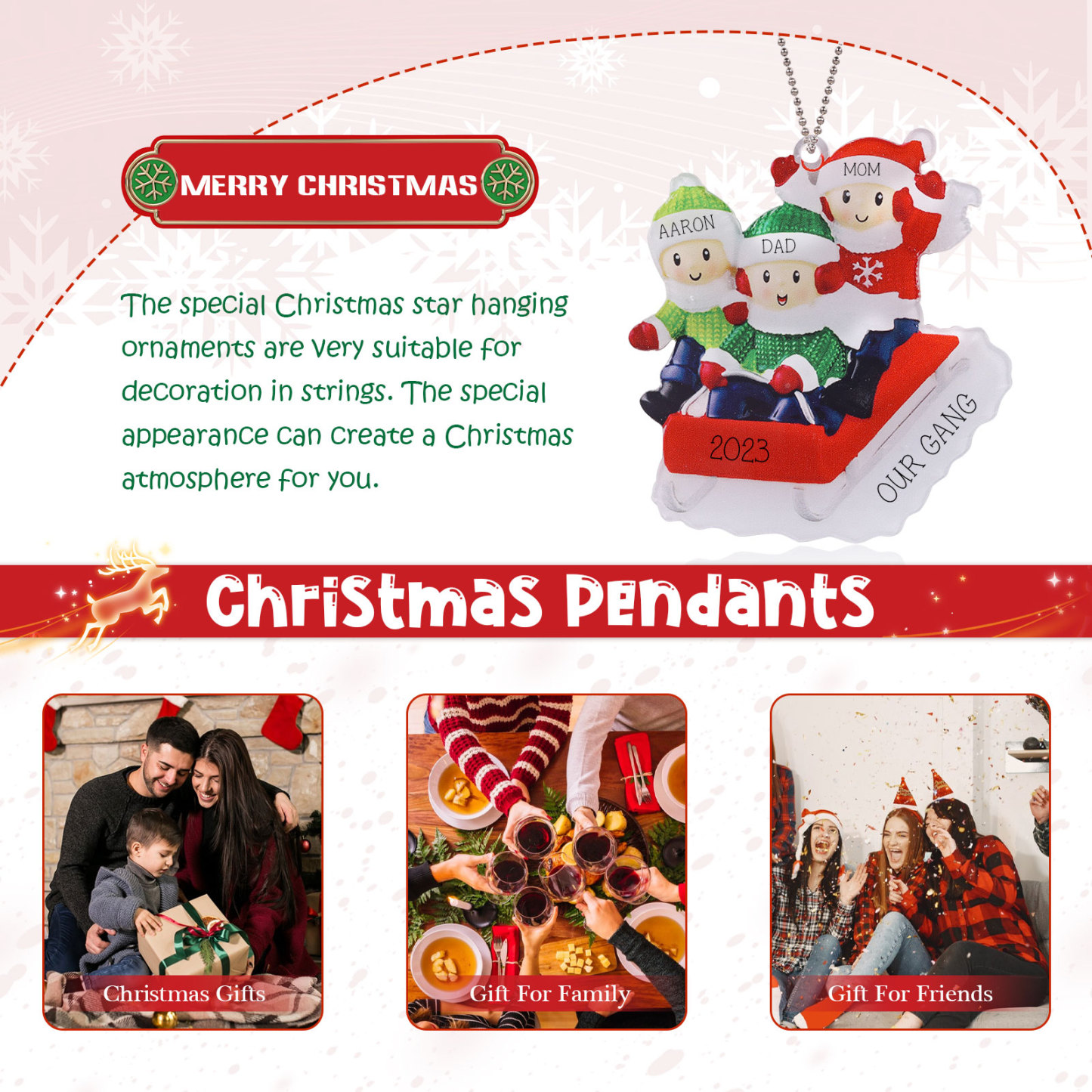 Navidad-Ornamentos Navideños de Acrílico Carro de Esquí 3 Nombres con Texto y Año Personalizados