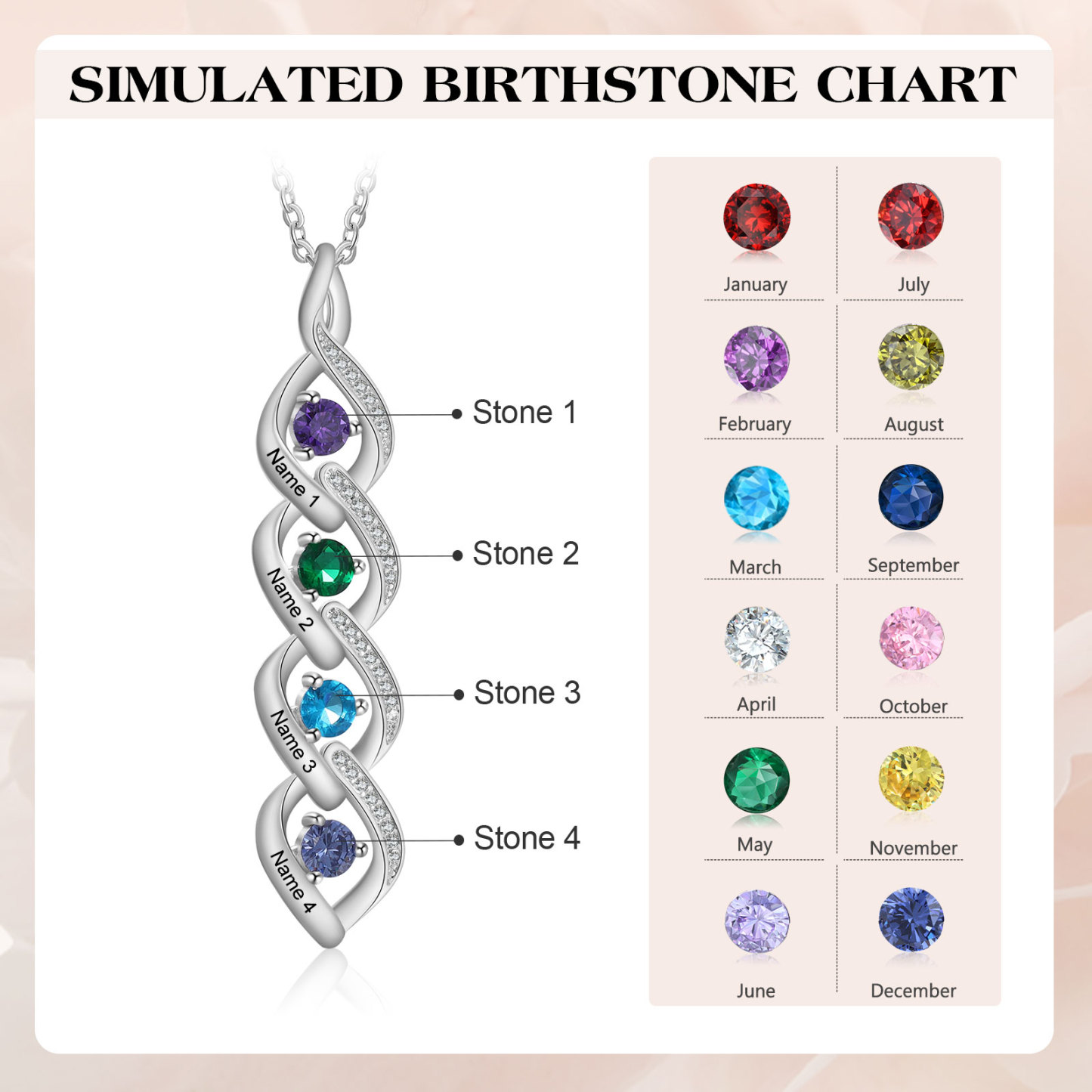 Collar DNA con 2-4 nombres personalizados y 2-4 piedras de nacimiento-Jessemade ES