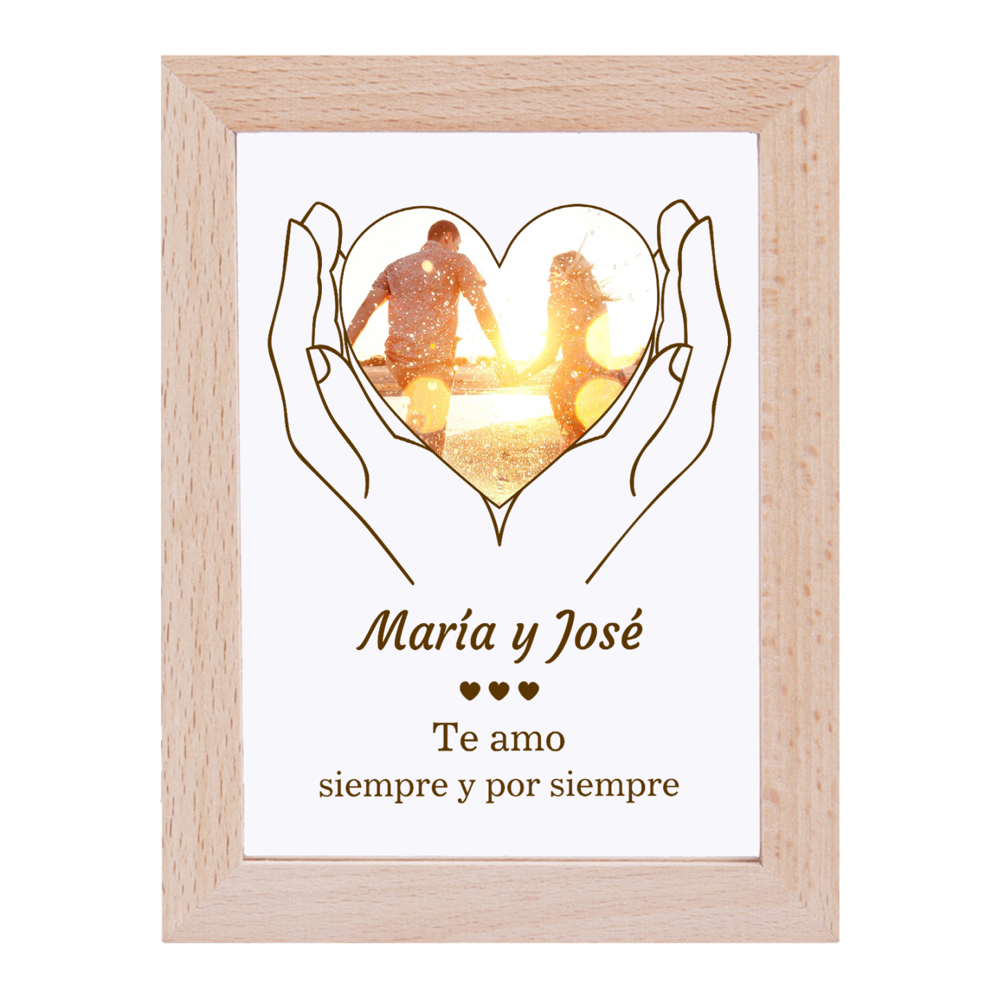 Marco con lámpara de 1 foto de madera para pareja 1 texto personalizado-Jessemade ES