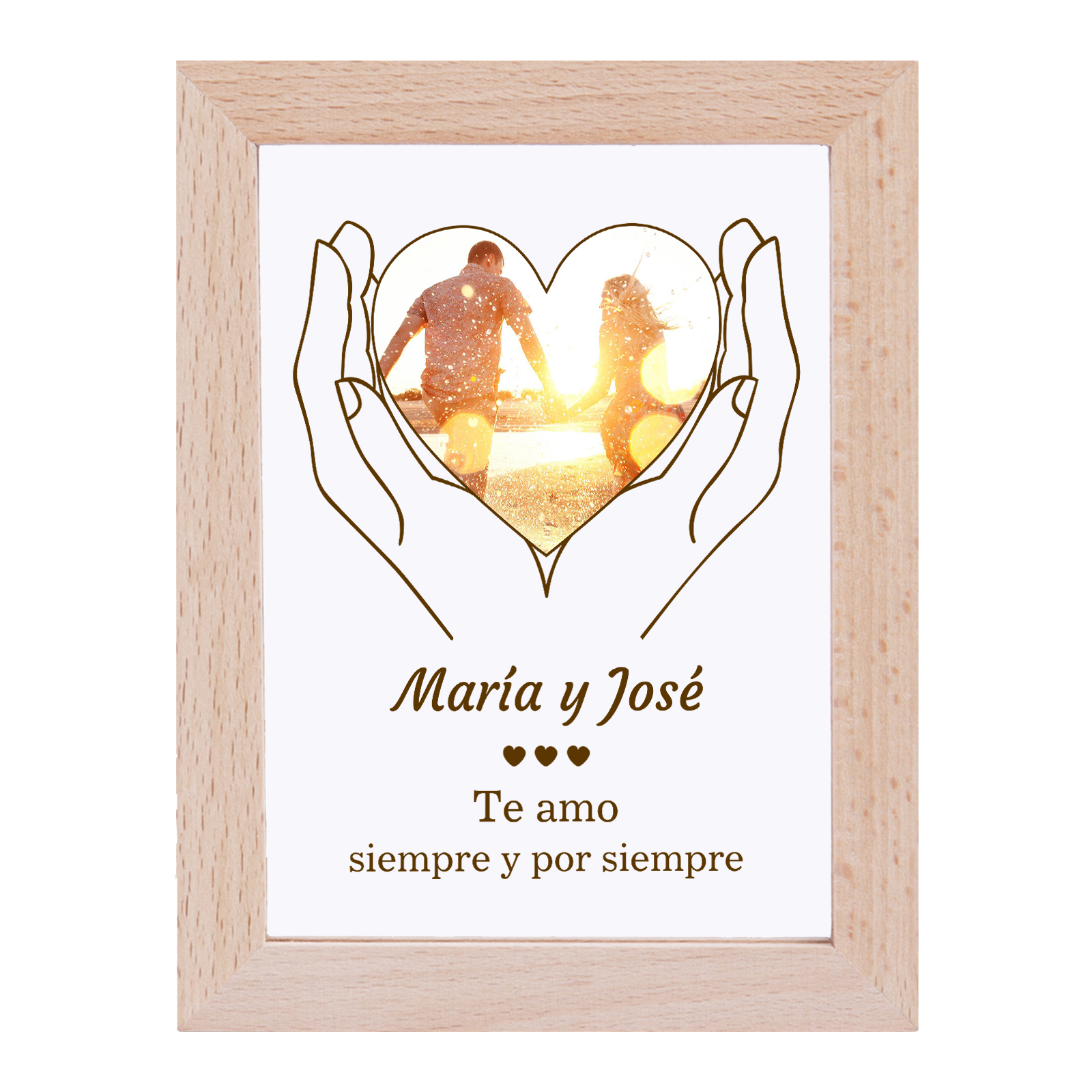 Marco con lámpara de 1 foto de madera para pareja 1 texto personalizado-Jessemade ES