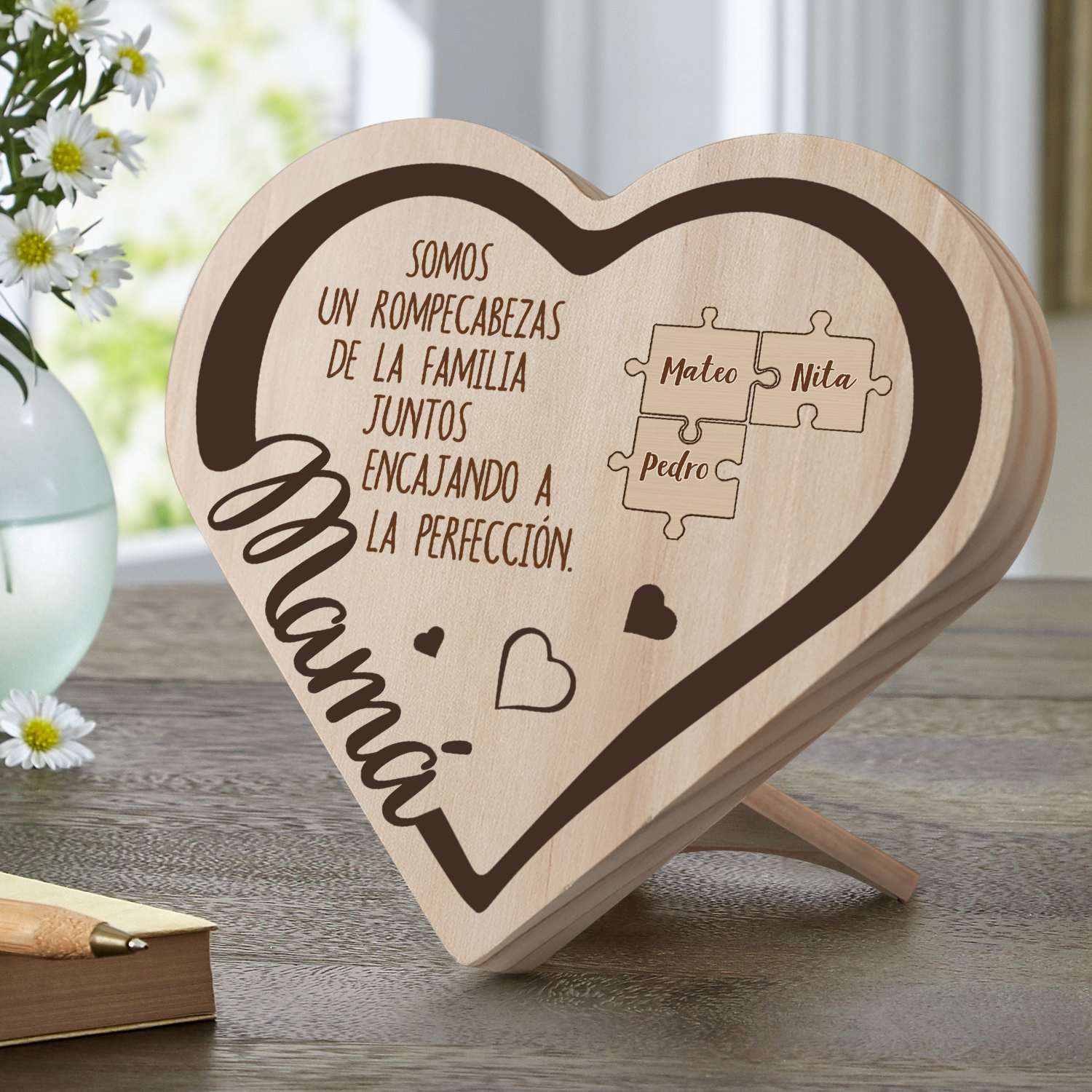 Adorno personalizado con 2-6 nombres decoración de madera en forma de corazón para mi mamá-Jessemade ES