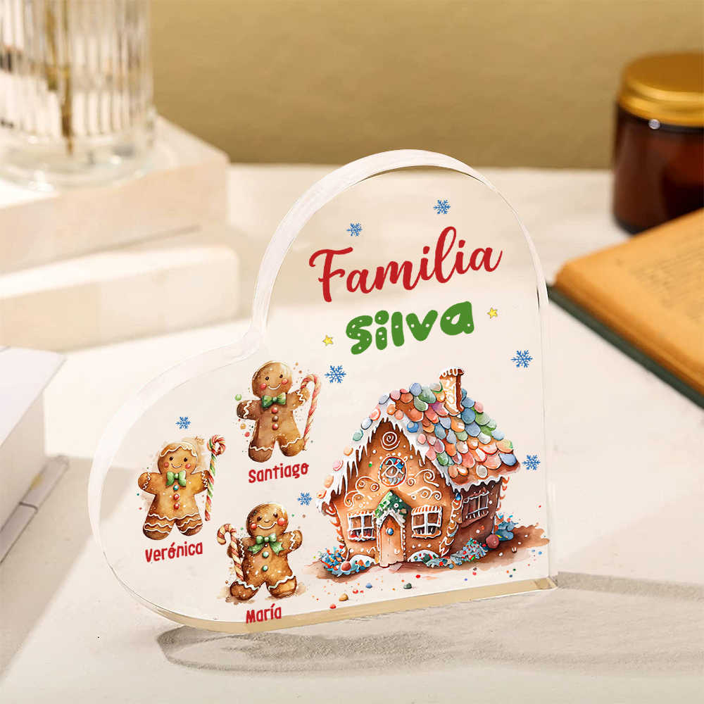 Navidad - Placa de acrílico en forma de corazón jengibres y su casa con 3 nombres y 1 texto personalizados-Jessemade ES