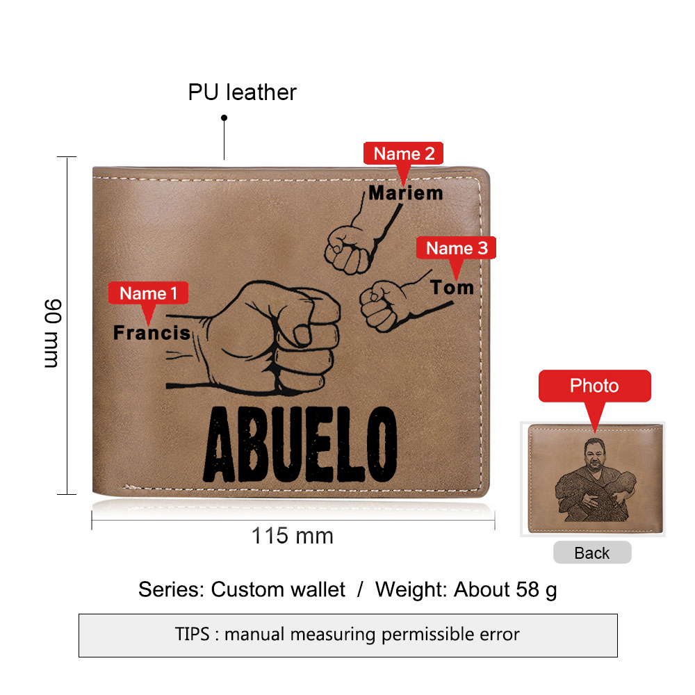 Cartera, billetera clásica puño con puño 3 nombres personalizados y una foto para abuelo-Jessemade ES