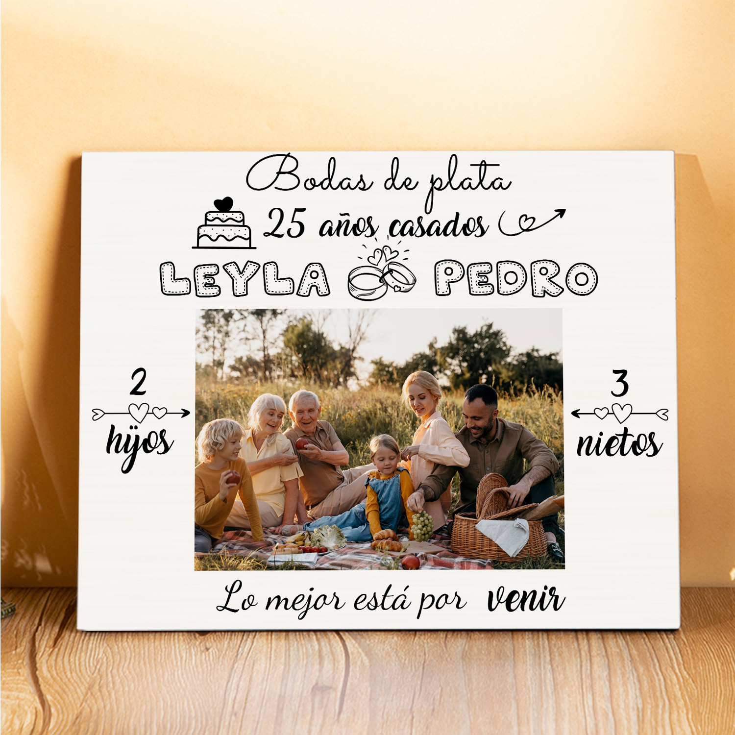 Lámina marco de madera para aniversario de boda 1 texto, 2 nombres y 3 números personalizados con 1 foto-Jessemade ES