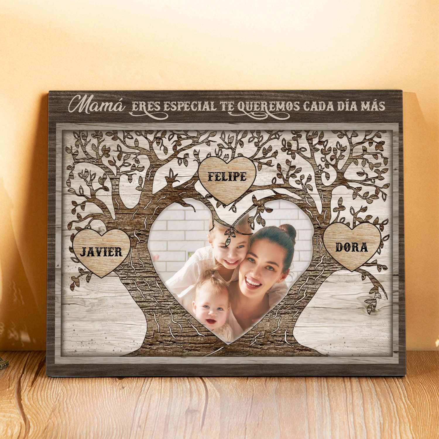 A familia - Lámina 2-9 nombres y 1 foto personalizados marco de madera árbol de la vida-Jessemade ES