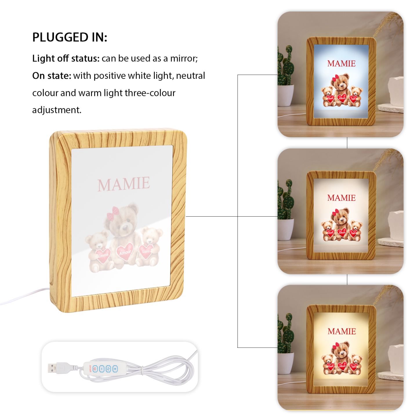 Marco/Espejo con LED Multifuncional Familia de Osos 1-4 Nombres Personalizados con 1 Texto-Jessemade ES