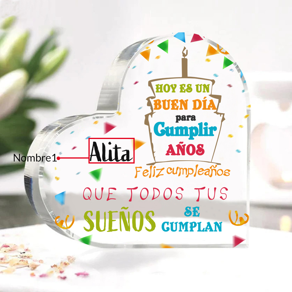 Cumpleaños-Placa de acrílico en forma de corazón con nombre personalizado-Jessemade ES