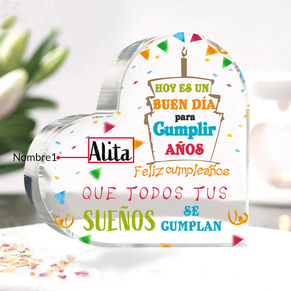Cumpleaños-Placa de acrílico en forma de corazón con nombre personalizado-Jessemade ES