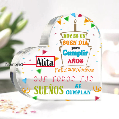 Cumpleaños-Placa de acrílico en forma de corazón con nombre personalizado-Jessemade ES