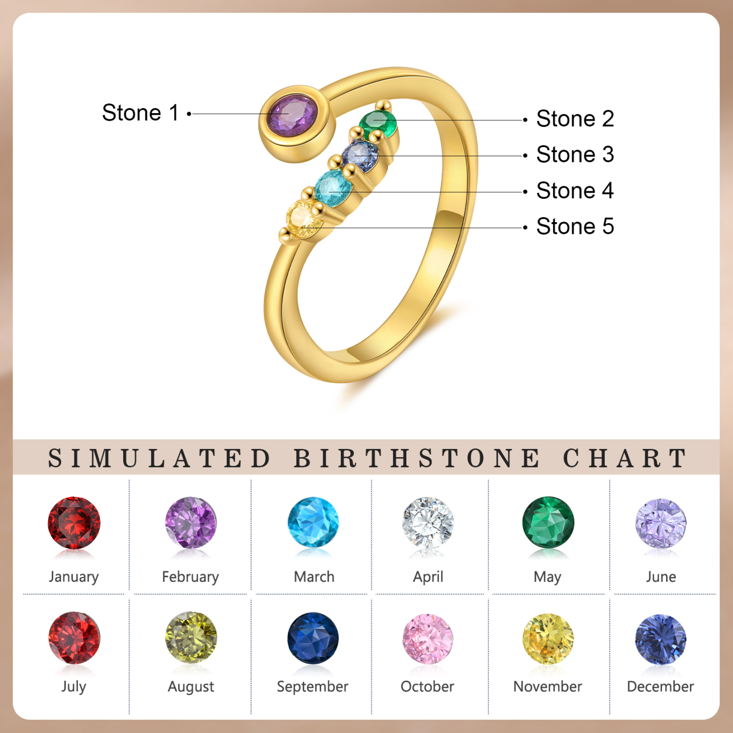 Anillo personalizado con 2-5 piedras de nacimiento anillo ajustable-Jessemade ES