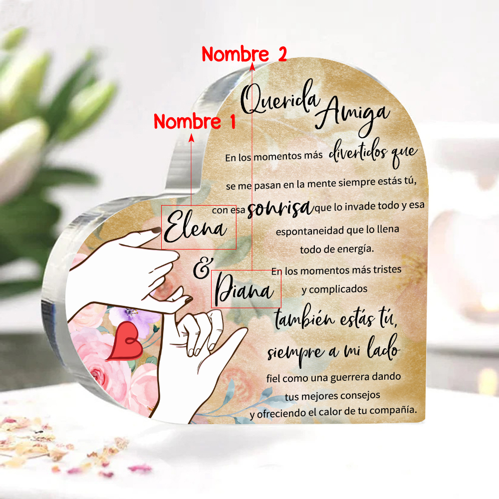 Placa de acrílico en forma de corazón para amiga con 2 nombres personalizados-Jessemade ES
