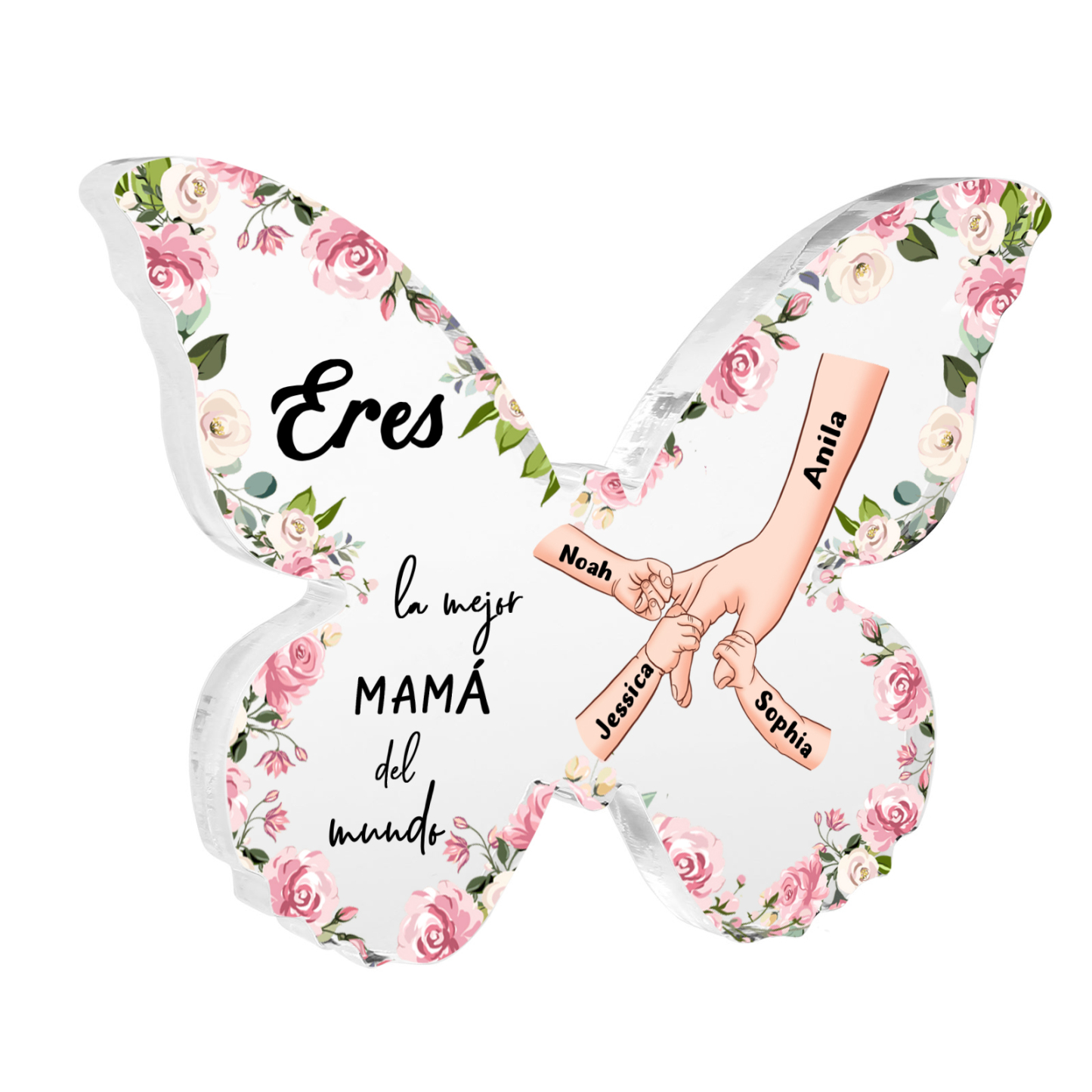 A mi mamá-Placa de acrílico en forma de mariposa mano con mano 4 nombres personalizados | Jessemade