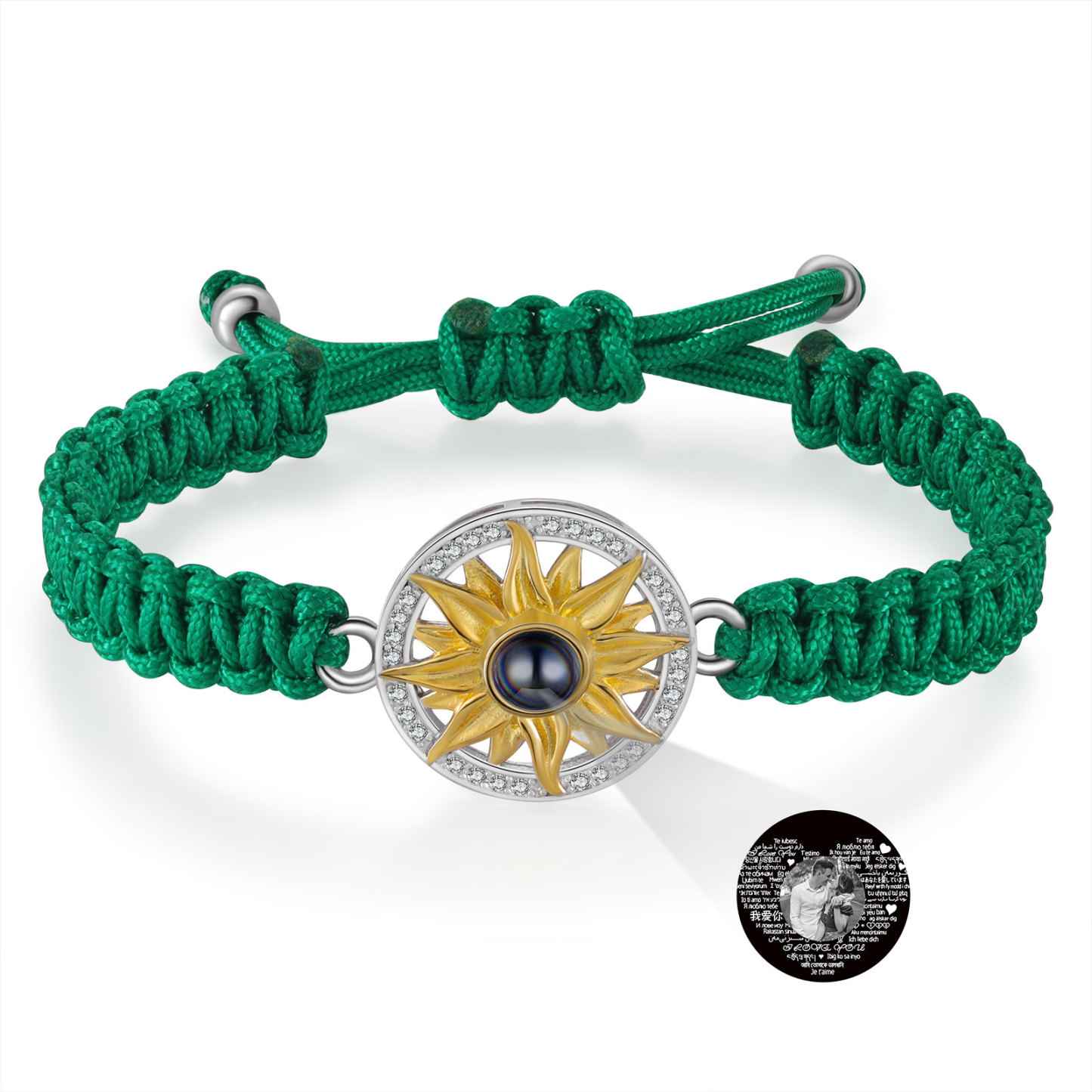 Pulsera con proyección de foto con dije de girasol cuerda verde-Jessemade ES