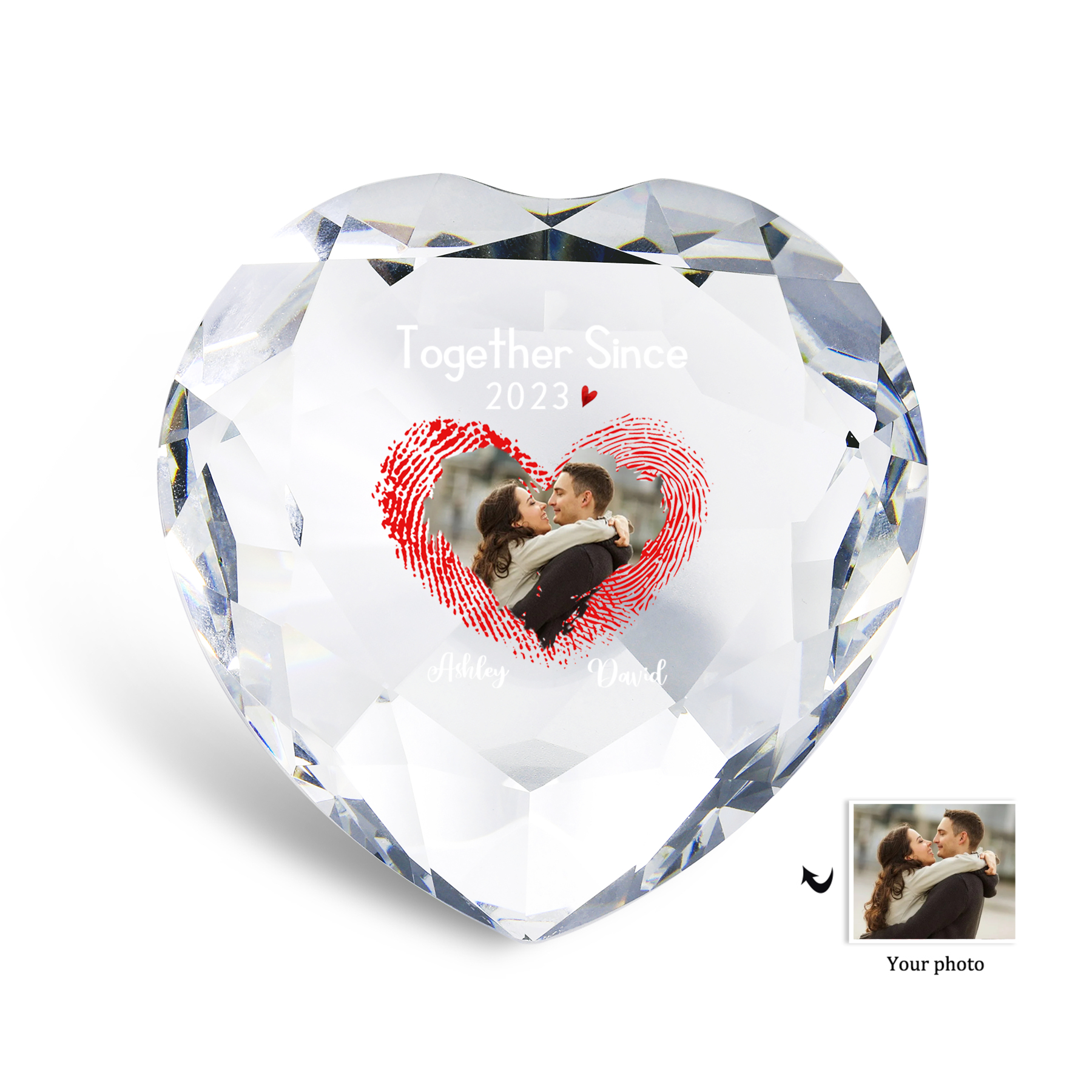 Decoración de vidrio de corazón con 2 Nombres, texto, año y foto personalizados para el AMOR-Jessemade ES