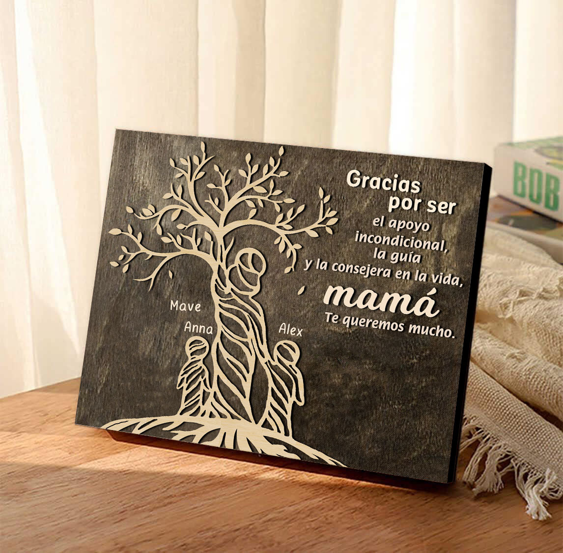 A mi mamá-Lámina mujer de árbol marco de madera personalizado con 3 nombres-Jessemade ES